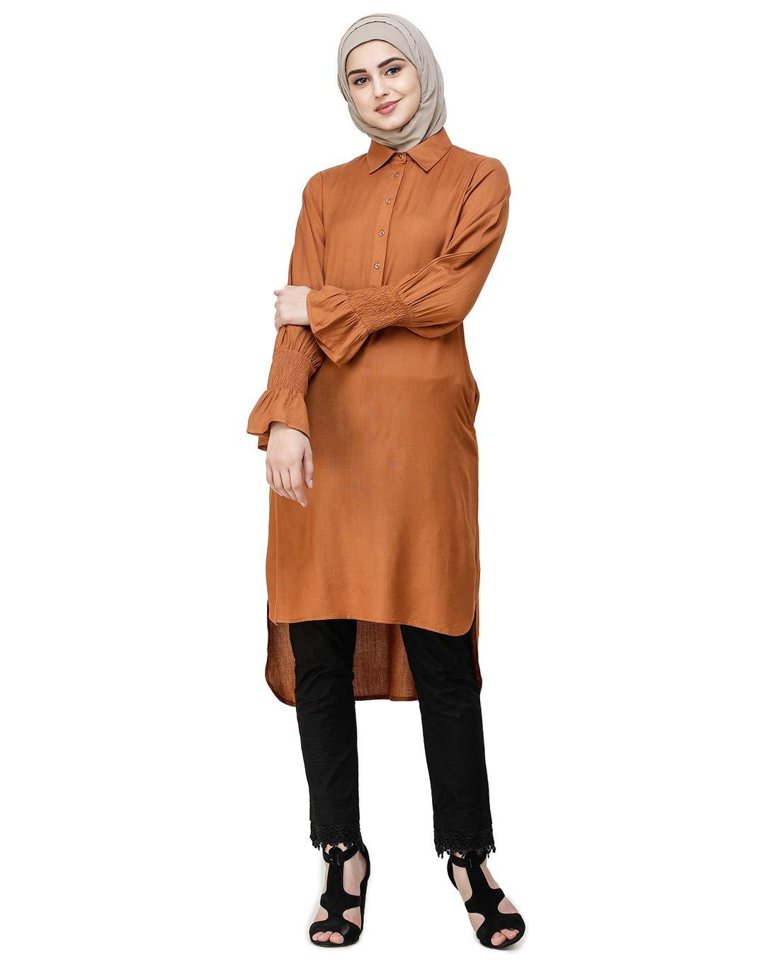 Silk Route Glazed Ginger Smocked Sleeve Midi Dress Large Regular Brown
