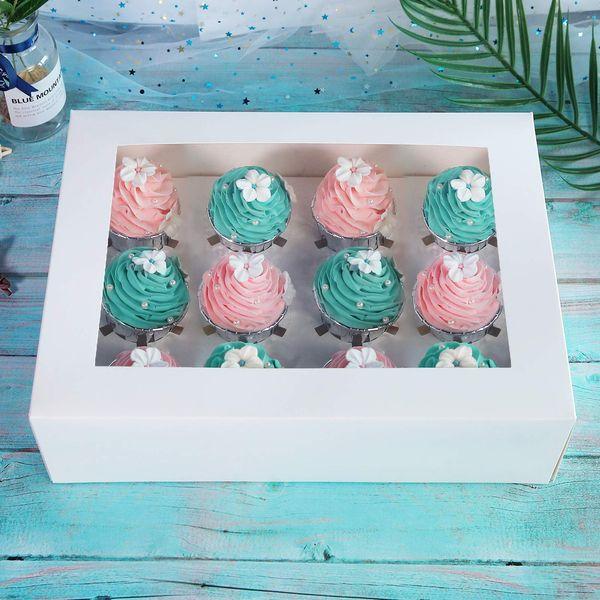 ONE MORE 15-Packs White Cupcake Boxes,Food Grade White Pop-up Bakery Boxes with Inserts and Display Windows 13.8 x 9.5 x 4inch Fits 12 Cupcakes or Muffins,Pack of 15 2