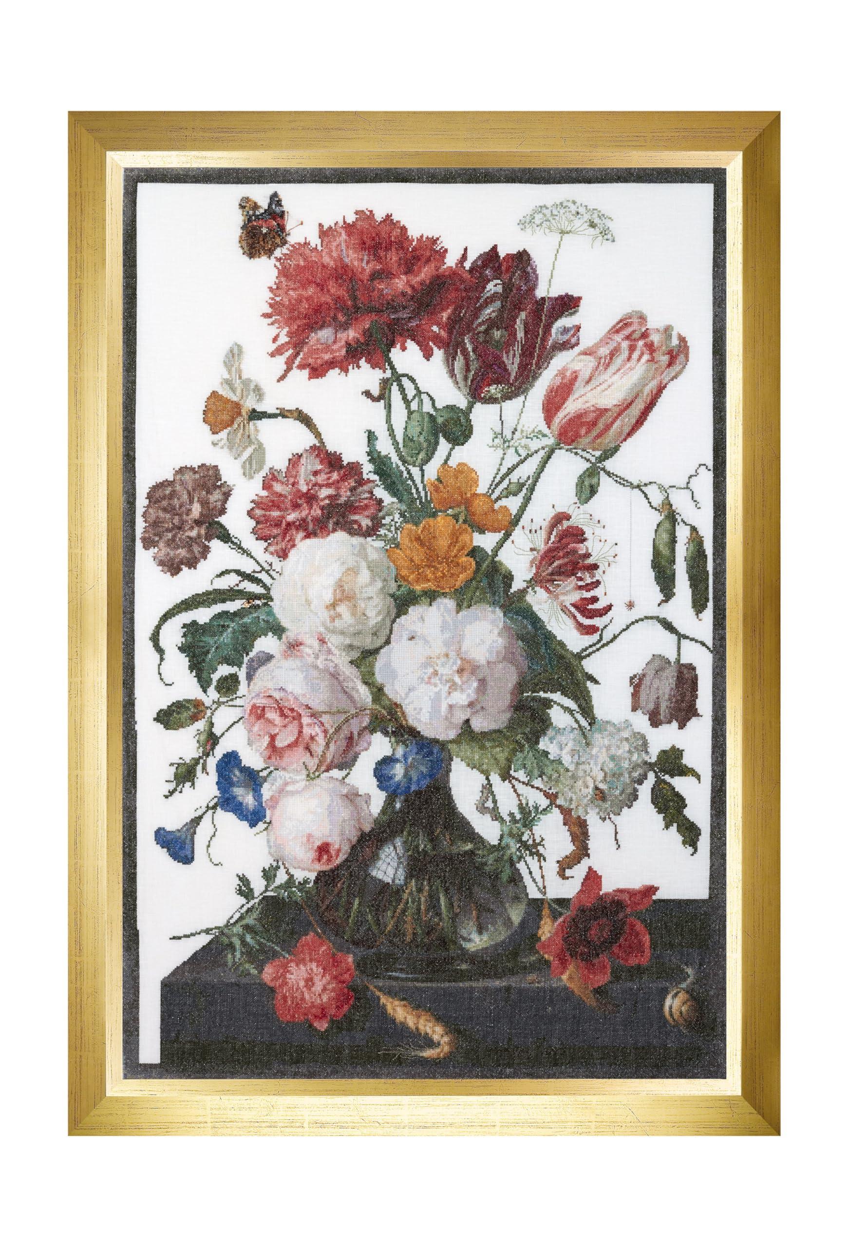 Thea Gouverneur - Counted Cross Stitch Kit - Still Life with Flowers in a glass Vase - Linen - 36 count - for Adults - DMC Embroidery Threads and other Cross Stitch Supplies Included - 785