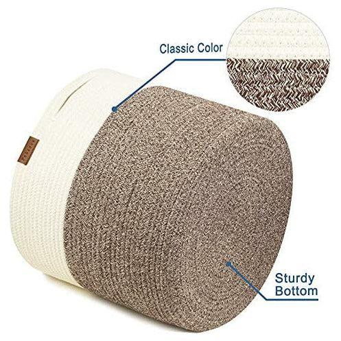 Febzoce Large Cotton Rope Basket with Handles, Woven Storage Basket for Toy Blankets Pillows or Laundry - White/Brown, H35 x D40 CM 3