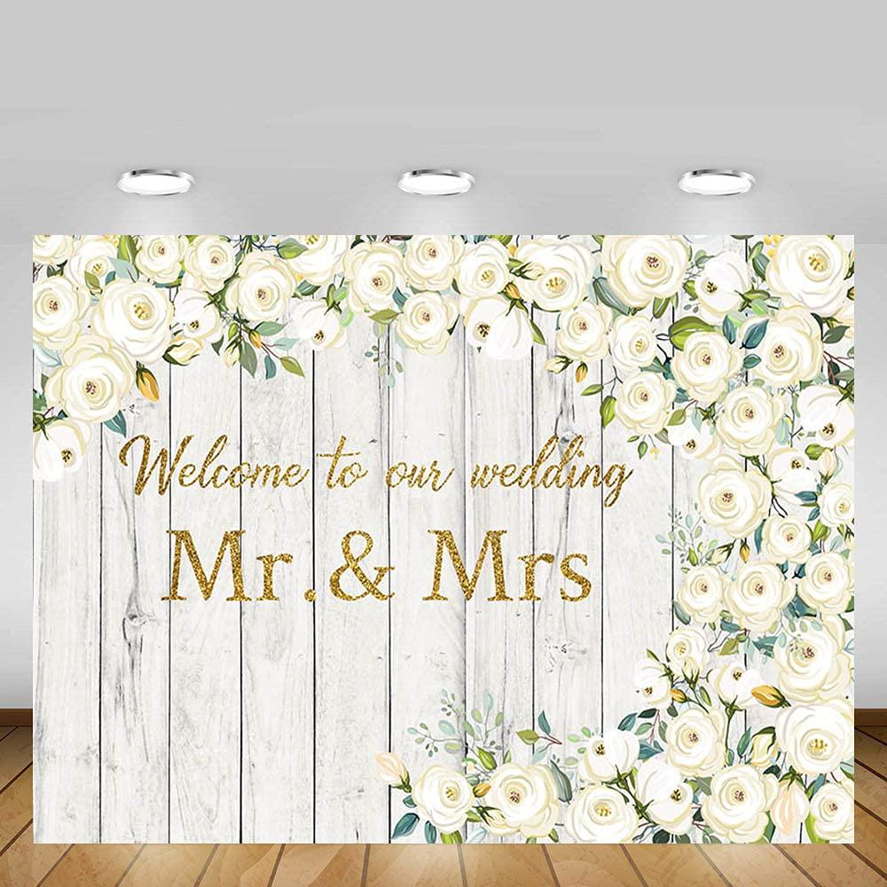 MEHOFOND 7x5ft White Rose Flower Backdrop for Wedding Decoration Welcome To Our Wedding Floral Retro Wood Wall Bridal Shower Party Banner Portrait Photography Background Photo Booth Vinyl 3