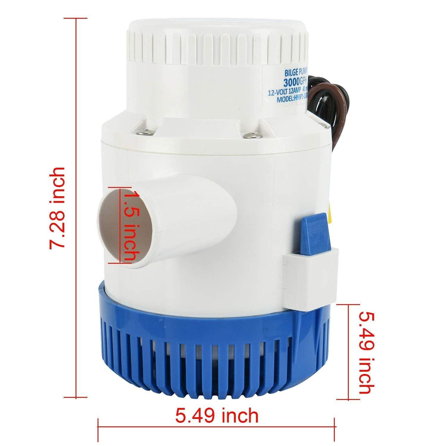 DasMorine 3000 GPH/3500 GPH 12v Boat Marine Plumbing Electric Bilge Pump 1 1/2"(40MM) Outlet 12 AMP 15 AMP Fuse (3000 GPH) 2