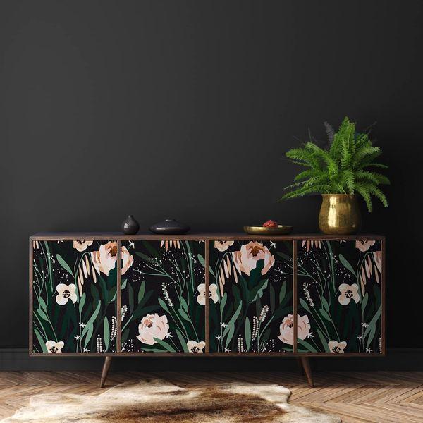 VaryPaper Pink Flower Wallpaper Self Adhesive Floral Black Contact Paper 44.5cmx800cm Sticky Back Plastic Furniture Vinyl Wrap Lining Paper Botanical Wall Art for Living Room Worktop Vinyl Covering 4