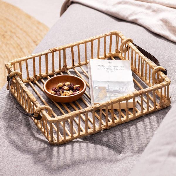 Navaris Basket Trays with Handles (Set of 2) - Willow Tray Set with PU Leather Handles - Includes Large Tray 37x31x8.5 cm and Small Tray 32x26x8.5 cm 1