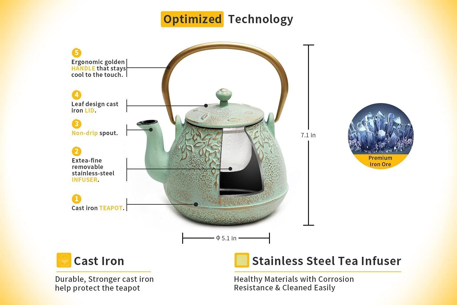 Tea Kettle, Toptier Japanese Cast Iron Teapot with Stainless Steel Tea Infuser, Durable Cast Iron Kettle Set, Retro Design Tea Kettle Coated with Full Enameled Interior (32 oz / 950 ml, Green) 2