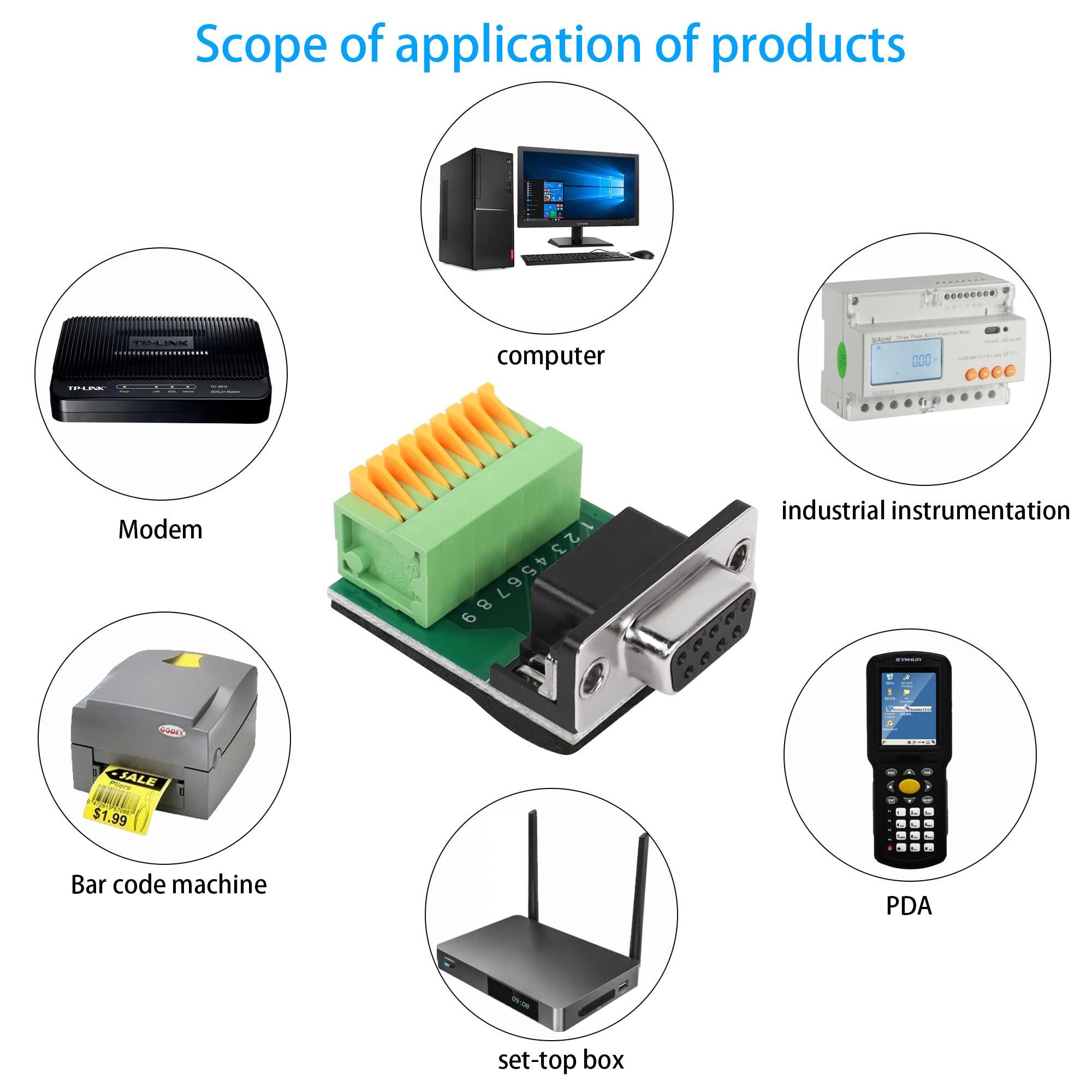 QIANRENON RS232 DB9 Quick Connect Solderless Adapter DB9 Female to 9 Pin Spring Terminal Crimp Connector, for Serial Communication Interface Devices 4