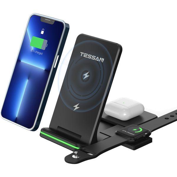 Wireless Charger, TESSAN 15W Apple Wireless Charger Stand, 3 in 1 Wireless Charging Station, Docking Station Compatible with iPhone 12/11/ XS/XR/X/ 8+, AirPods2/ Pro, Apple Watch Series 3/4/ 5/6 0