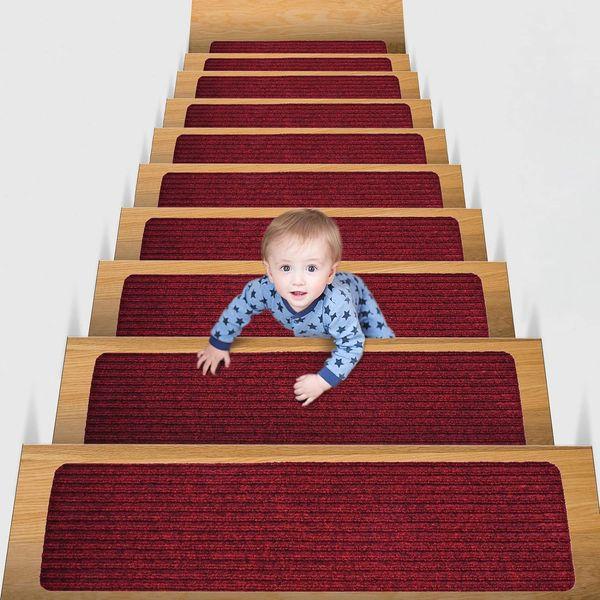 MBIGM 8" X 25.6" (15-Pack) Non-Slip Carpet Stair Treads Non-Skid Safety Rug Slip Resistant Indoor Runner for Kids Elders and Pets with Reusable Adhesive, Red