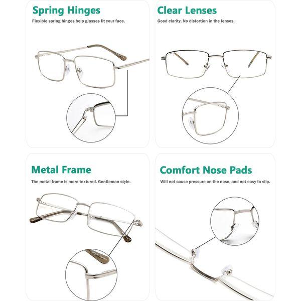 Eyekepper 3-Pack Readers Rectangular Spring Temple Large Metal Reading Glasses Men Silver 4