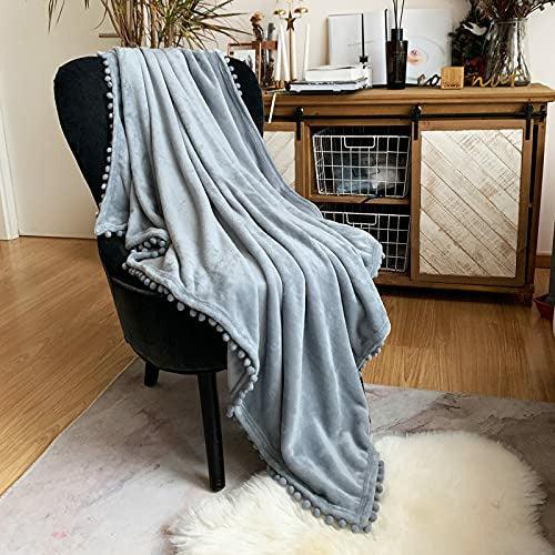 LOMAO Pom Pom Throw Blanket , Soft Fleece Pompom Fringe Blanket for Couch Bed Sofa | Decorative Cozy Plush Warm Flannel Velvet Tassel Flannel Blanket (Grey, 150*200)