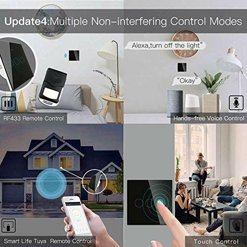 MOES WiFi RF433 Smart Touch Wall Switch No Neutral Wire Needed,Single Fire Smart Switch Smart Life/Tuya App,Compatible with Alexa and Google Home 1 Way Black,3 Gang 4