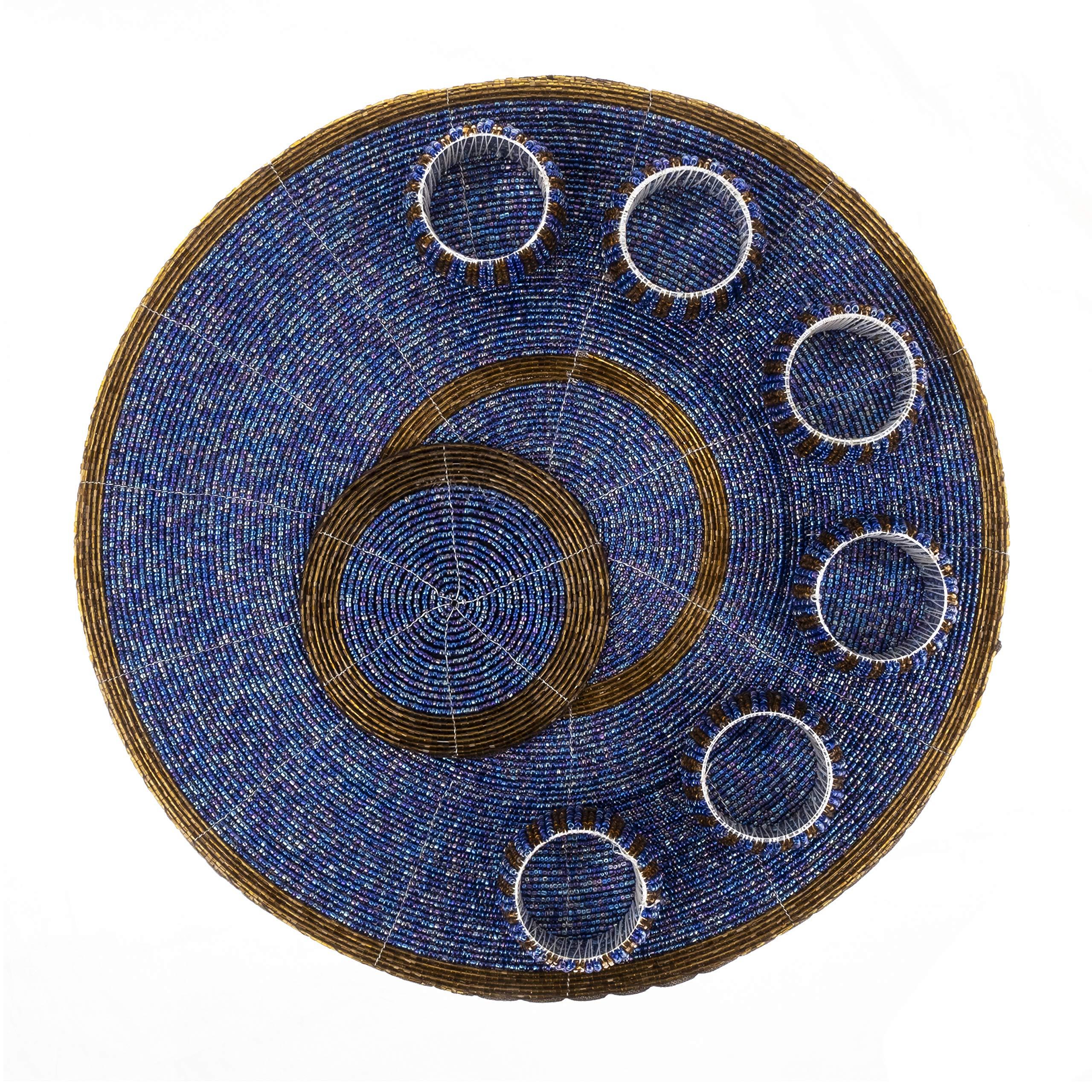 Penguin Home Handcrafted Glass Beaded Round Placemats, Coasters & Napkin Rings Set of 18 - Handmade Table Place Mats for Dining - 32 cm (13") Diameter (Blue and Antique) 4