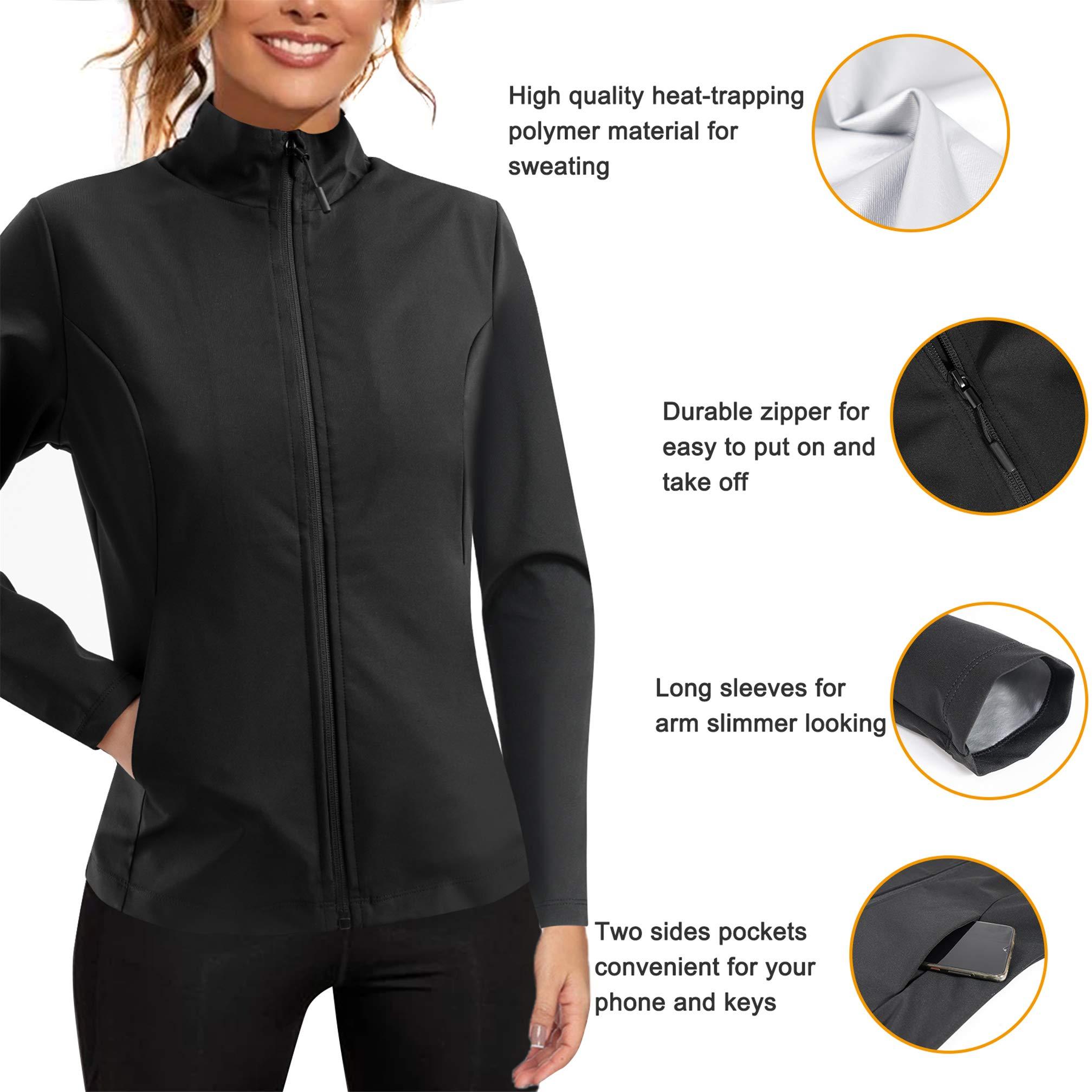 Chumian Women Hot Sweat Sauna Suit Track Jackets Workout Long Sleeve Tank Tops with Zipper Slimming Polymer Waist Trainer (Black, S) 2