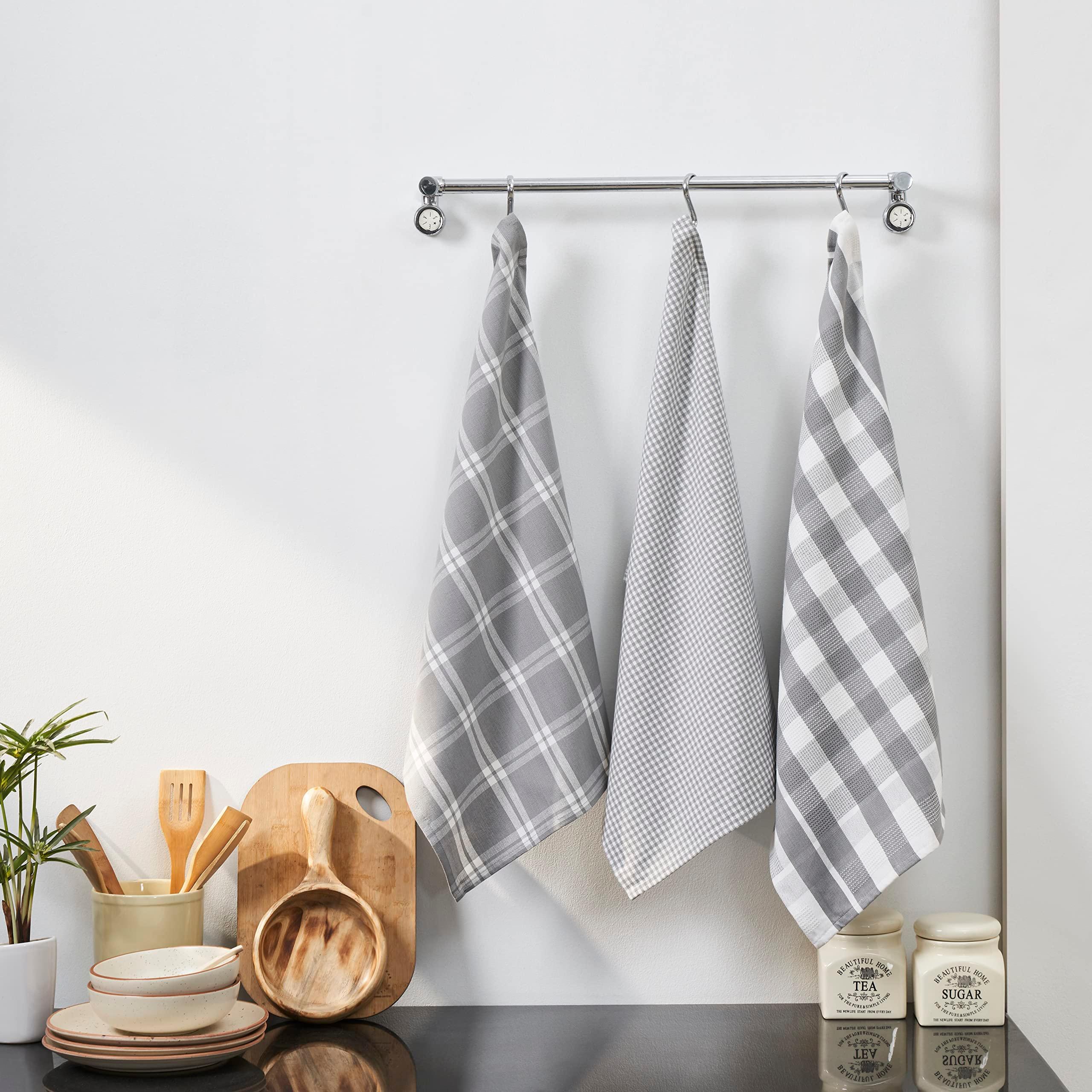 Penguin Home Set of 3 100% Cotton Kitchen Towels, Eco Friendly Sustainable Tea Towels Stylish with Different Pattern, Size - 50x70 cm Colour - Grey & White Dish Towels 2