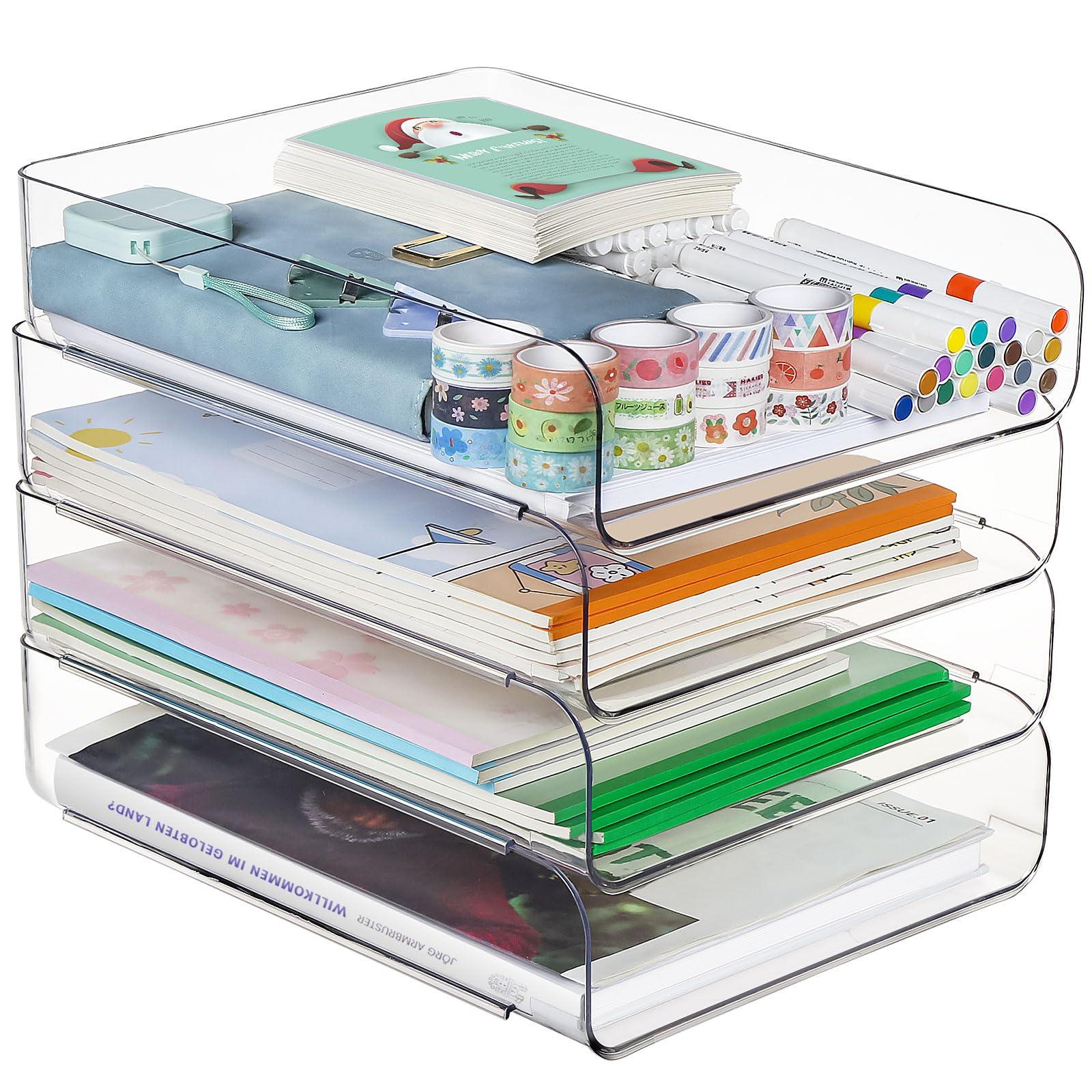 Greentainer Stackable Clear Paper Trays - Desktop Racks for Desk File Rack,Letter Tray,Accessories Tray for Desktop,A4 Paper Holder,Supplies,Magazine,File Documents,Receipts (4pack, Clear)