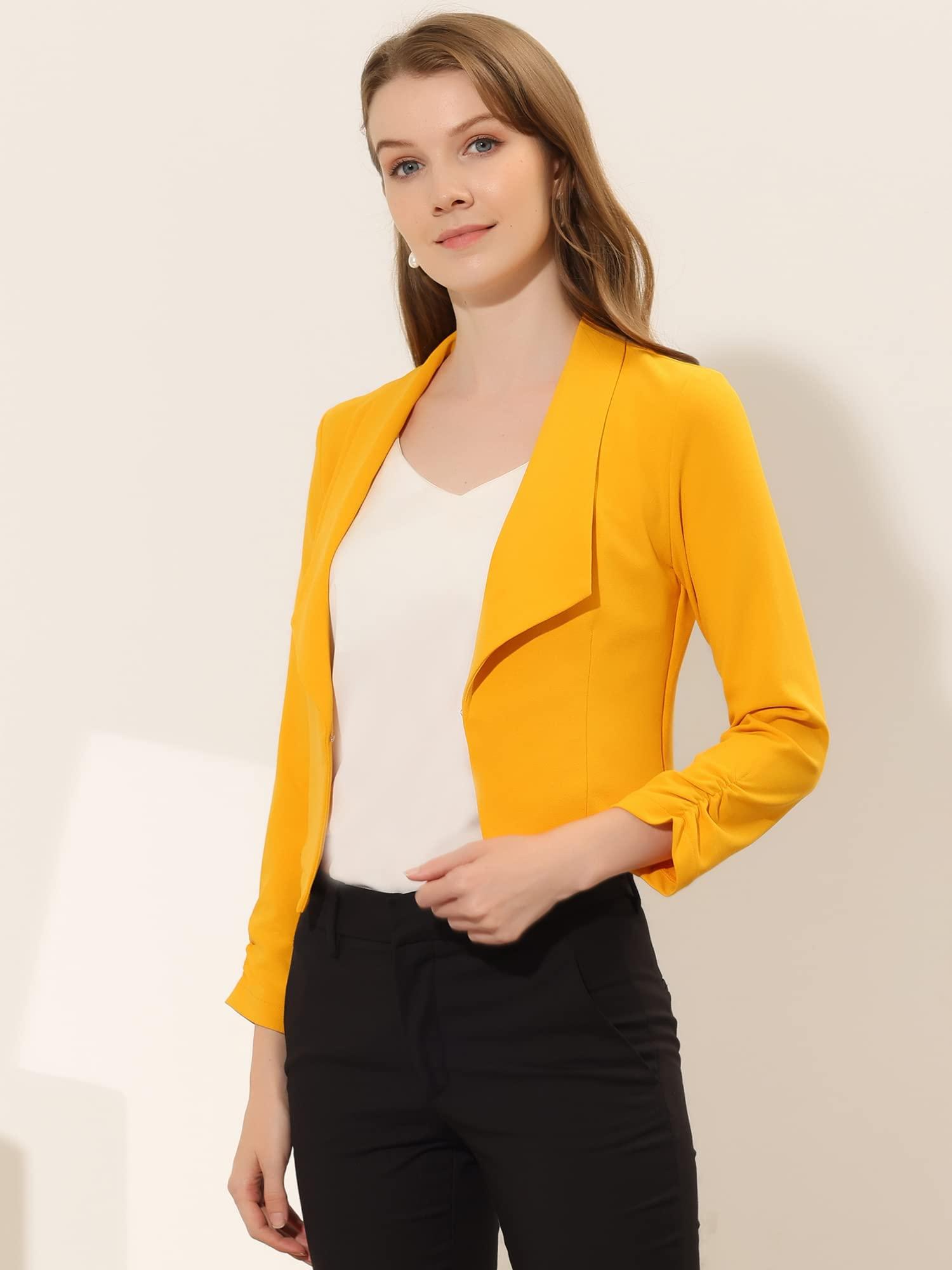 Allegra K Women's Work Office Cropped Jacket Notched Lapel Long Sleeve Open Front Short Blazer Yellow 12 2