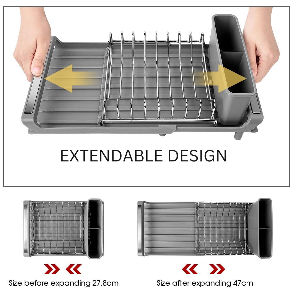 Bvcari Dish Drying Rack Extendable Dish Drainer Compact Dish Rack Ideal for Small Kitchens Includes Bonus Sink Caddy with Liquid Dispenser. 47cm by 19.8cm 1