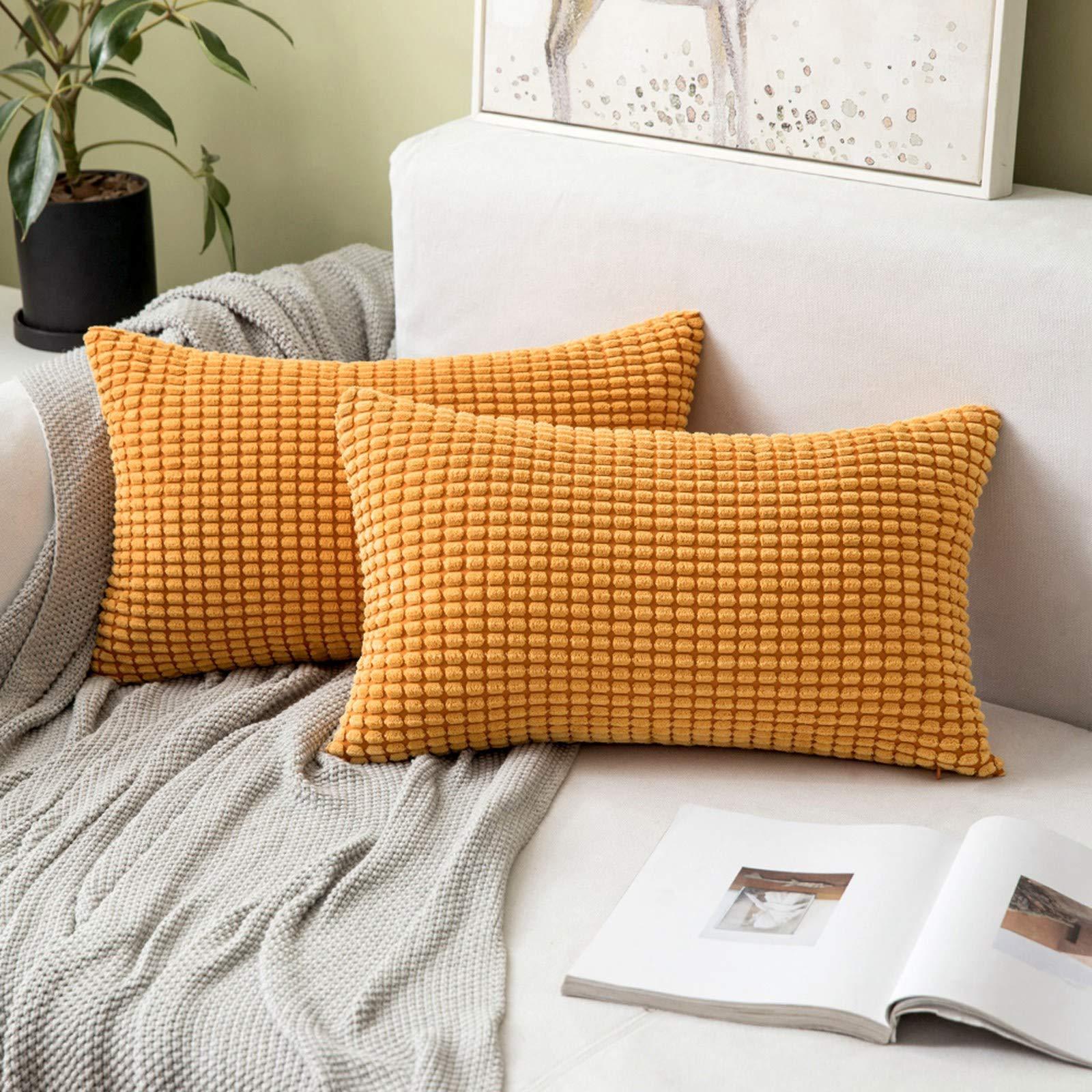 MIULEE Set of 2 Decorative Corduroy Cushion Covers 12x20 Inches, 30cm x 50cm Striped Solid Rectangle Throw Pillow Cases for Sofa Couch Home Bedroom Orange 0