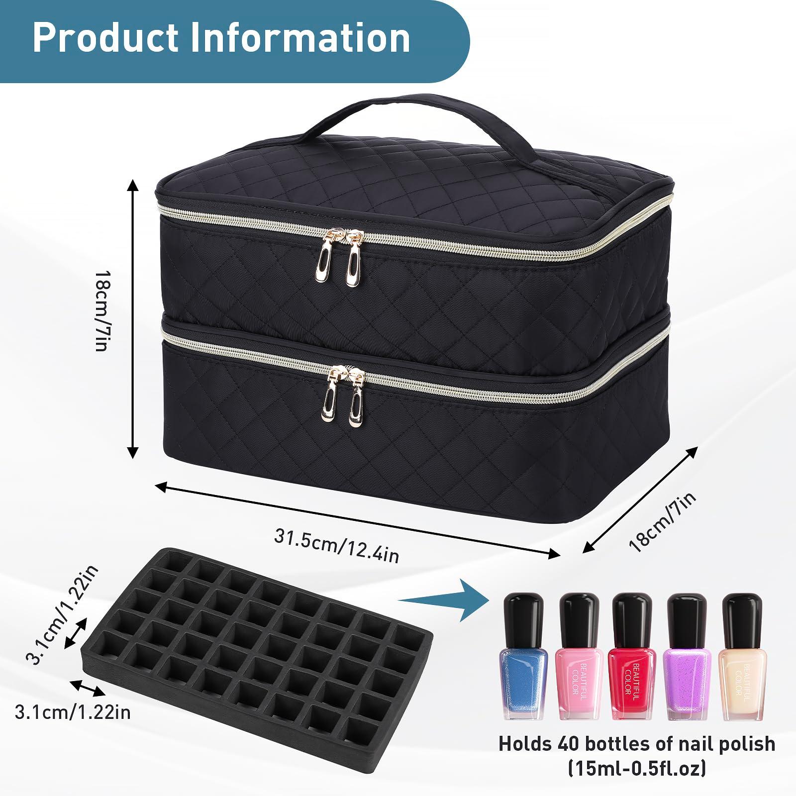 DARCKLE Nail Polish Organiser Bag Black - Nail Varnish Storage Case Holds 40 Bottles (15ml-0.5fl.oz), Double-Layer Cosmetic Makeup Bag for Travel 8