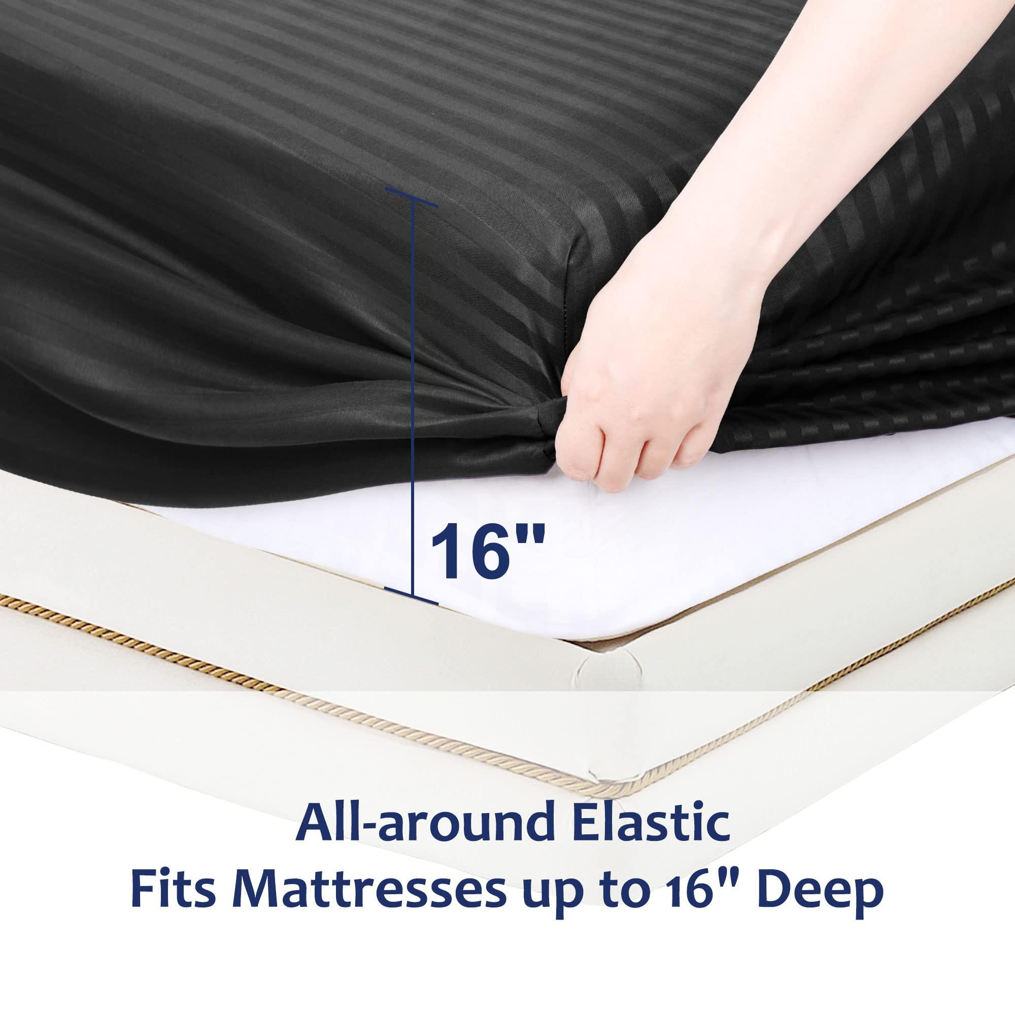 PiccoCasa 100GSM Microfiber Striped Bed Fitted Sheet, 16 Inch Deep Pocket Bed Mattress Cover, Durable Soft Breathable Wrinkle Resistant Bottom Sheets Black Super King 3
