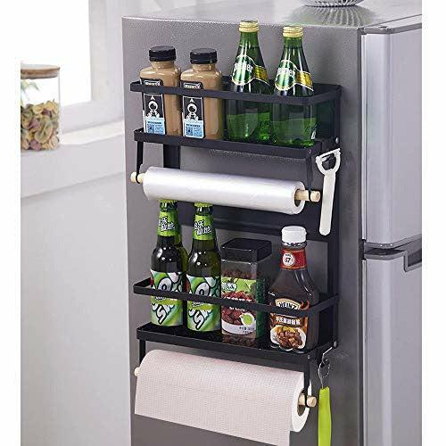 Magnetic Fridge Organizer, Magnetic Spice Rack with Paper Towel Holder and 5 Mobile Hooks, 4-Tier Magnetic Refrigerator Shelf in Kitchen Holds up to 45 LBS, 16x12x4 Inch Black 0