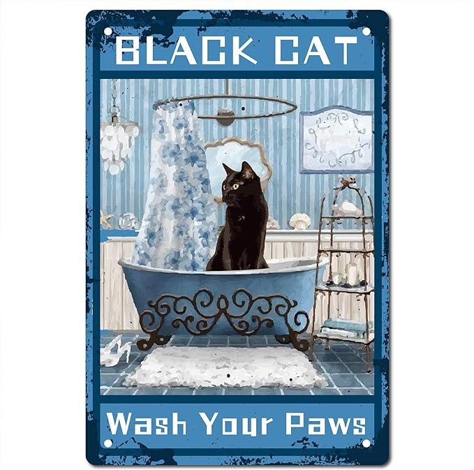 CREATCABIN Funny Bathroom Tin Sign Black Cats Wash Your Paws Signs Vintage Wall Art Decoration Plaque Farmhouse for Bathroom Home Garden Decor Halloween 12 x 8 Inch 0