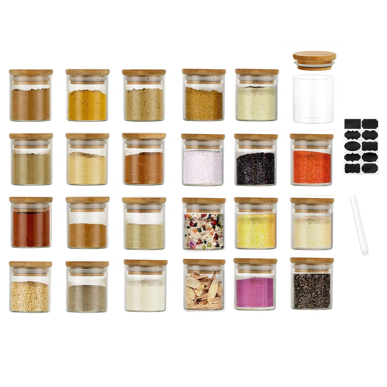Bamboo Spice Jars Small Glass: 75ML 24Pcs Airtight Food Storage Jars with Lids and Labels Smell Proof Container for Kitchen Organization Preserving Sweet Cookie Biscuit Tea Coffee Snack Salt Sugar
