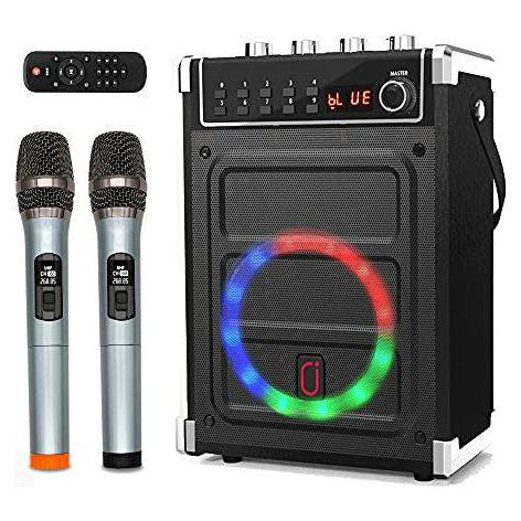 JYX Karaoke Machine with Two Wireless Microphones, Bass/Treble Adjustment and LED Light, Support TWS, AUX In, FM Radio, REC, Supply for Party/Meeting/Wedding - Black 0
