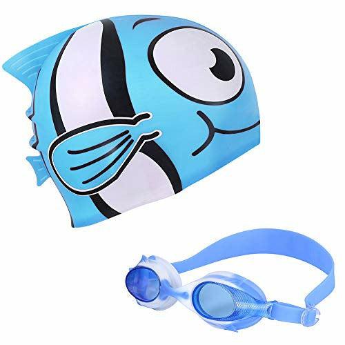 Superpop Kids Swim Caps Set, Soft Silicone Character Goldfish Swimming Cap Leakproof Swim Caps, Anti Fog, UV Protection Swim Goggles for Youths, Toddlers, Girls, Boys, Teenagers (Blue Set) 0