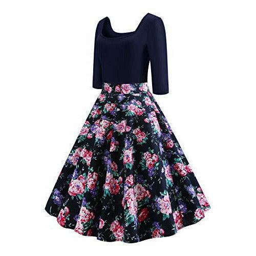 AXOE Womens 1950s Vintage Rockabilly Dresses with Floral Print Knee Length Print 11, Size 8, S 1