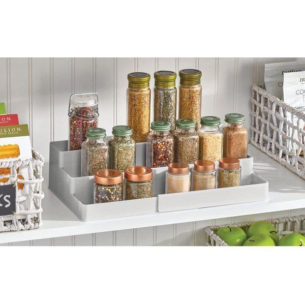 mDesign Plastic Spice Rack - Expandable Kitchen Organiser Rack for Spices, Condiments, Canned Food - Spice Storage Unit with 3 Tiers - Light Grey 2