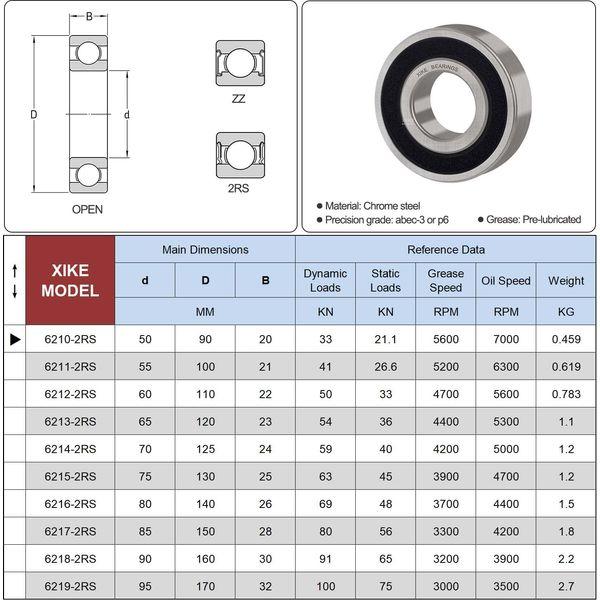 XIKE 2 pcs 6210-2RS Sealed Ball Bearings 50x90x20mm Bearing Steel and Double Rubber Seals, Pre-Lubricated, 6210RS Deep Groove Ball Bearing with Shields 1