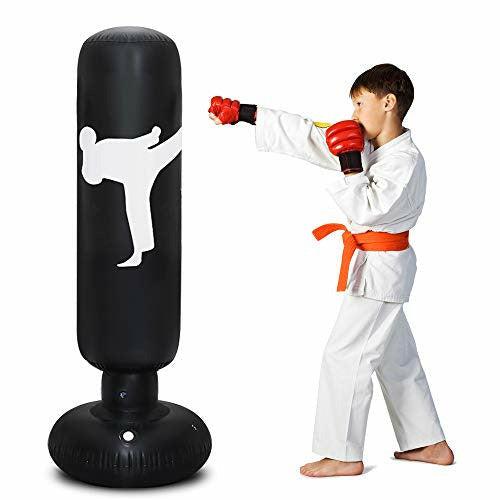 TUOWEI Kids Punching Bag, Inflatable Punching Bag for Kids 63Inch Freestanding Boxing Bag Bounce Back for Practicing Karate, Taekwondo, MMA, Kids Adults Punching Boxing Bag (Practice) (Black) 0