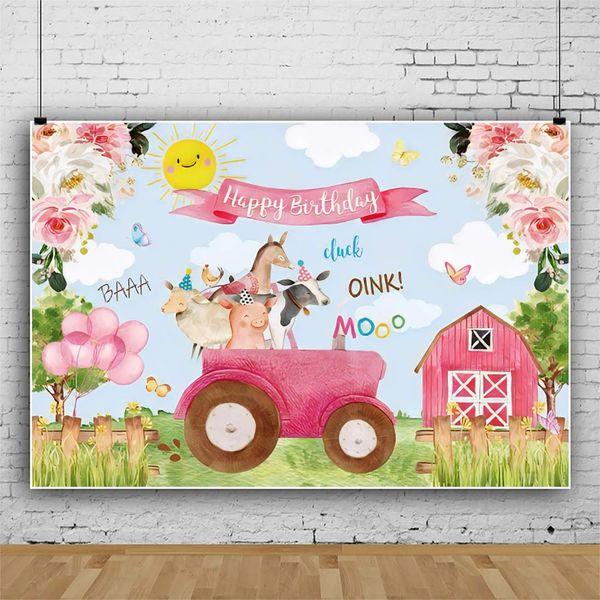 Renaiss 7x5ft Cartoon Farm Backdrop Cute Animals Happy Birthday Photography Background Pink Flowers Barn Truck Fence Green Grass Kids Girls Party Cake Table Decoration Studio Booth Props 1