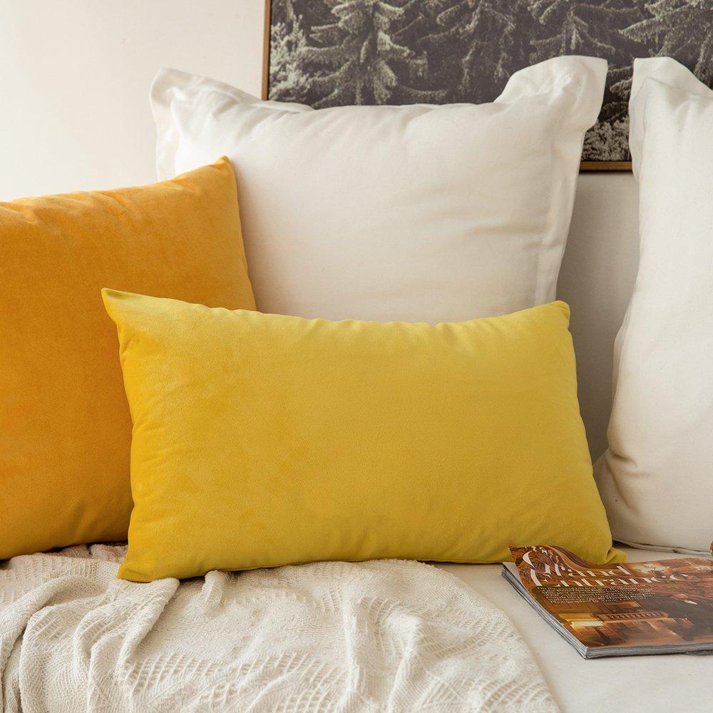 MIULEE Velvet Soft Soild Microfiber Decorative Square Pillow Case Throw Cushion Cover for Sofa Bedroom with Invisible Zipper Lemon Yellow 12"x20",2 Pieces 4