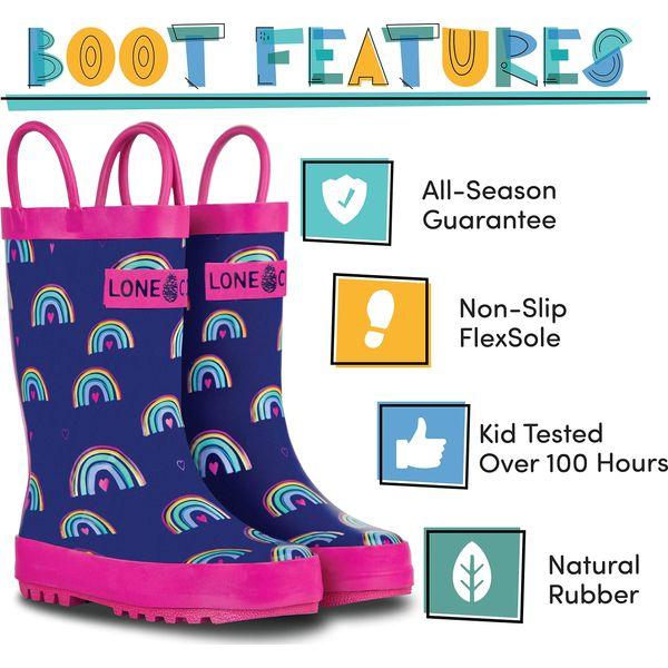 Lone Cone Rain Boots with Easy-On Handles in Fun Patterns for Toddlers and Kids, Hearts and Rainbows, 6 Toddler 1