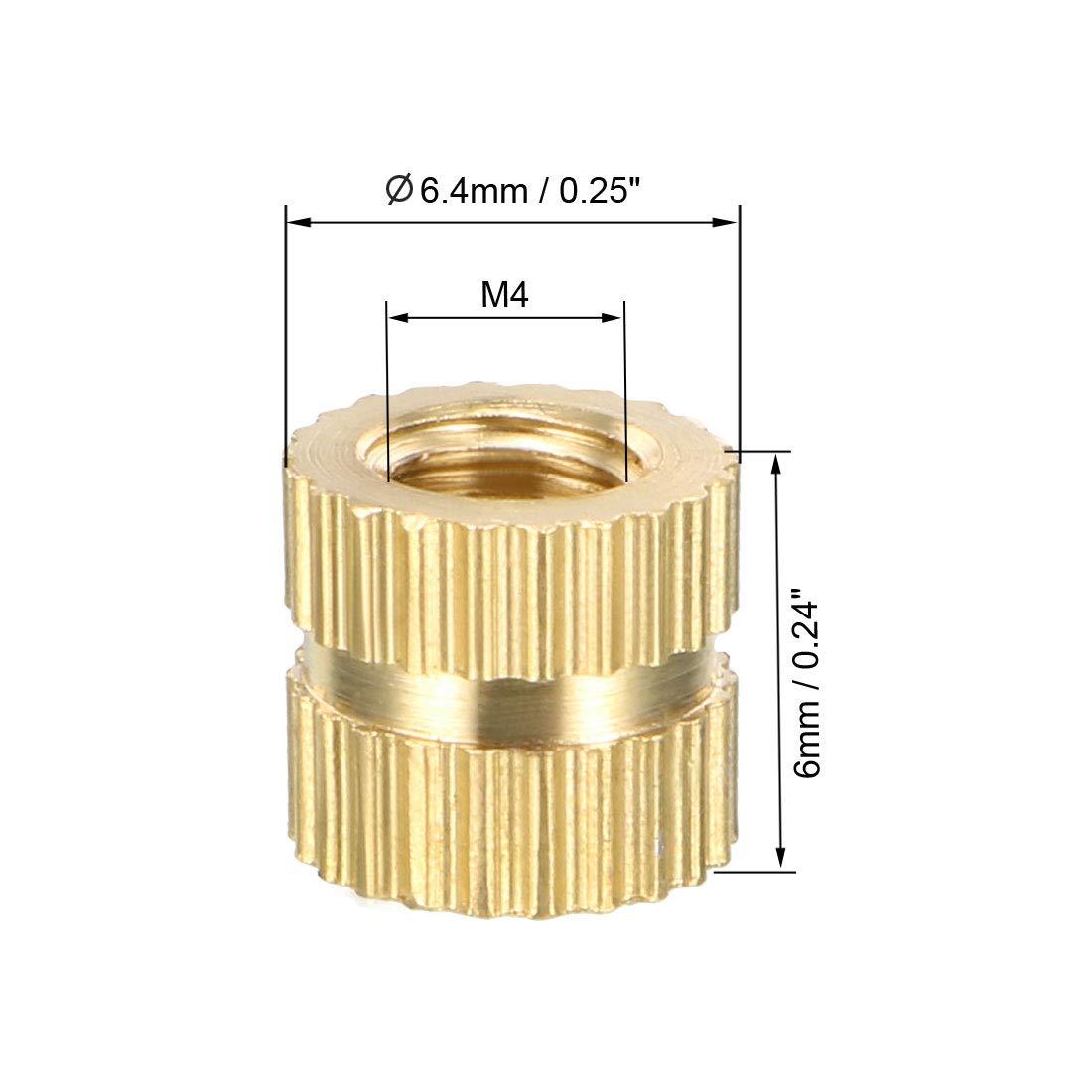 sourcing map Knurled Insert Nuts - 200Pcs M4 x 6mm Length x 6.4mm OD Female Thread Brass Threaded Insert Embedment Nut for 3D Printer 1