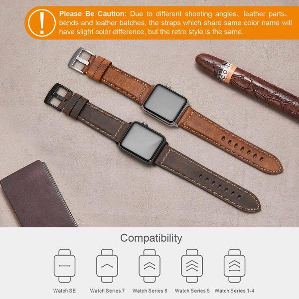 Avohome Genuine Leather Watch Strap Compatible with Apple Watch Band (42/44/45/49mm, Gold-sliver buckle) 4