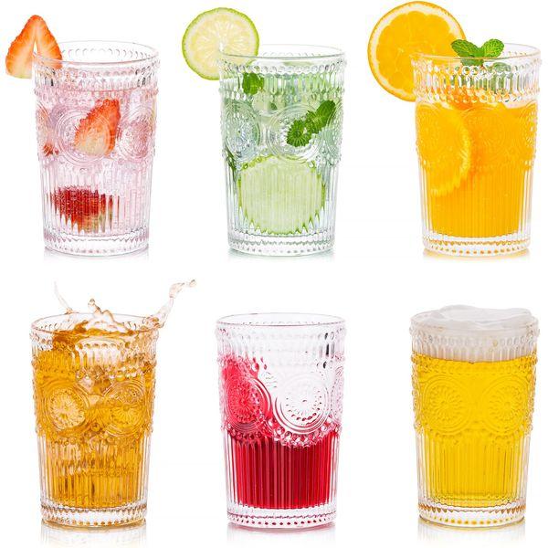 Glasseam Water Glasses Drinking, 400ML Clear Vintage Tumblers Glass Set of 6 Tall Highball Glass for Juice Coffee Tea for Party, Bar 0