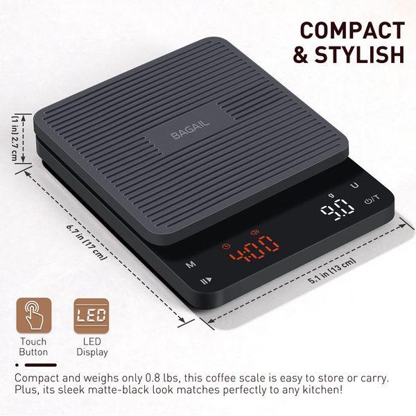 BAGAIL Digital Coffee Scale with Timer, 0.1g High Precision Electronic Kitchen Scale with Large Display, Auto Tare and Touch Sensor Button, Rechargeable Weighing Scale for Drip Coffee, Max Weight 3kg 4