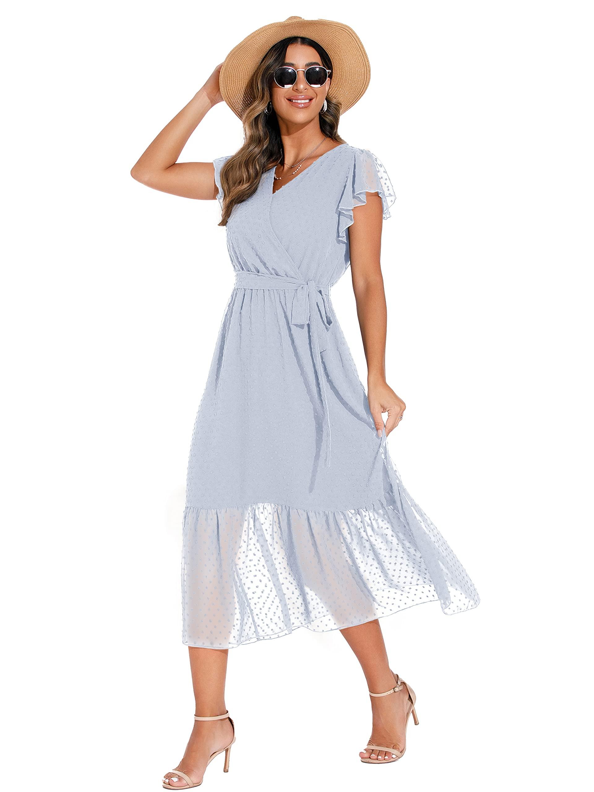 GRECERELLE Womens Summer Wrap Maxi Dress Chiffon Cute Casual V Neck Ruffle Short SleeveTie Waist Dresses with Lining (Swiss Dot Light Blue, M) 3