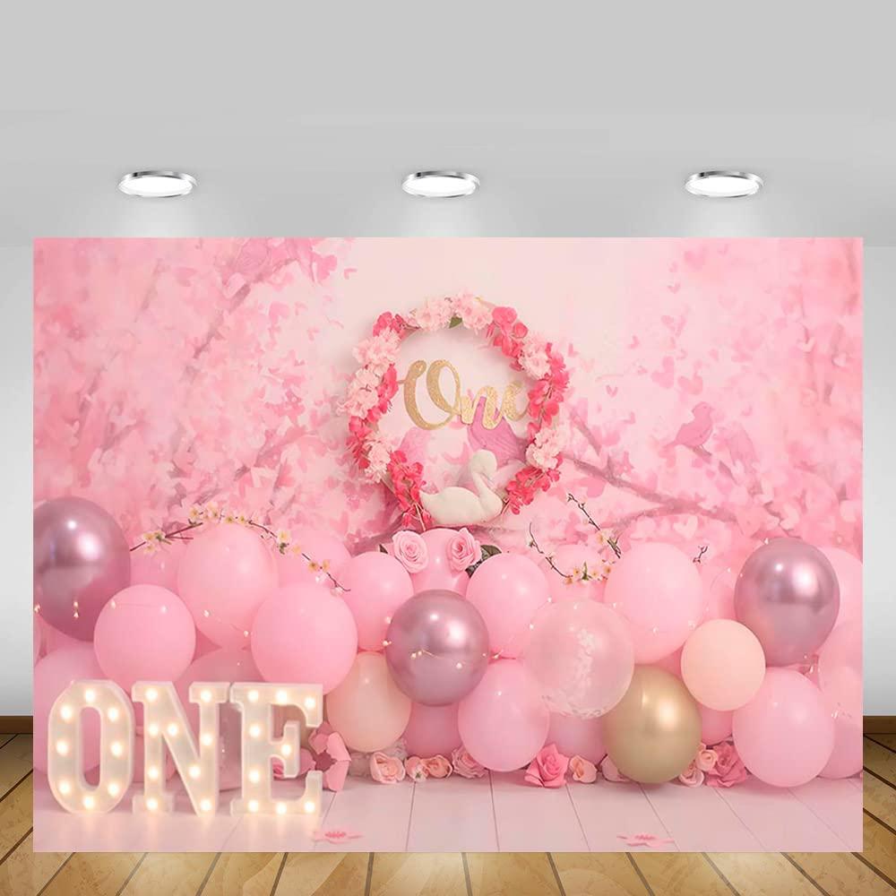 MEHOFOND 7x5ft Girl 1st Birthday Photography Background Pink Floral Balloons Kids Party Banner Decoration Supplies Retro Newborn Portrait Photo Backdrop Happy Birthday Photoshoot Studio Props 3