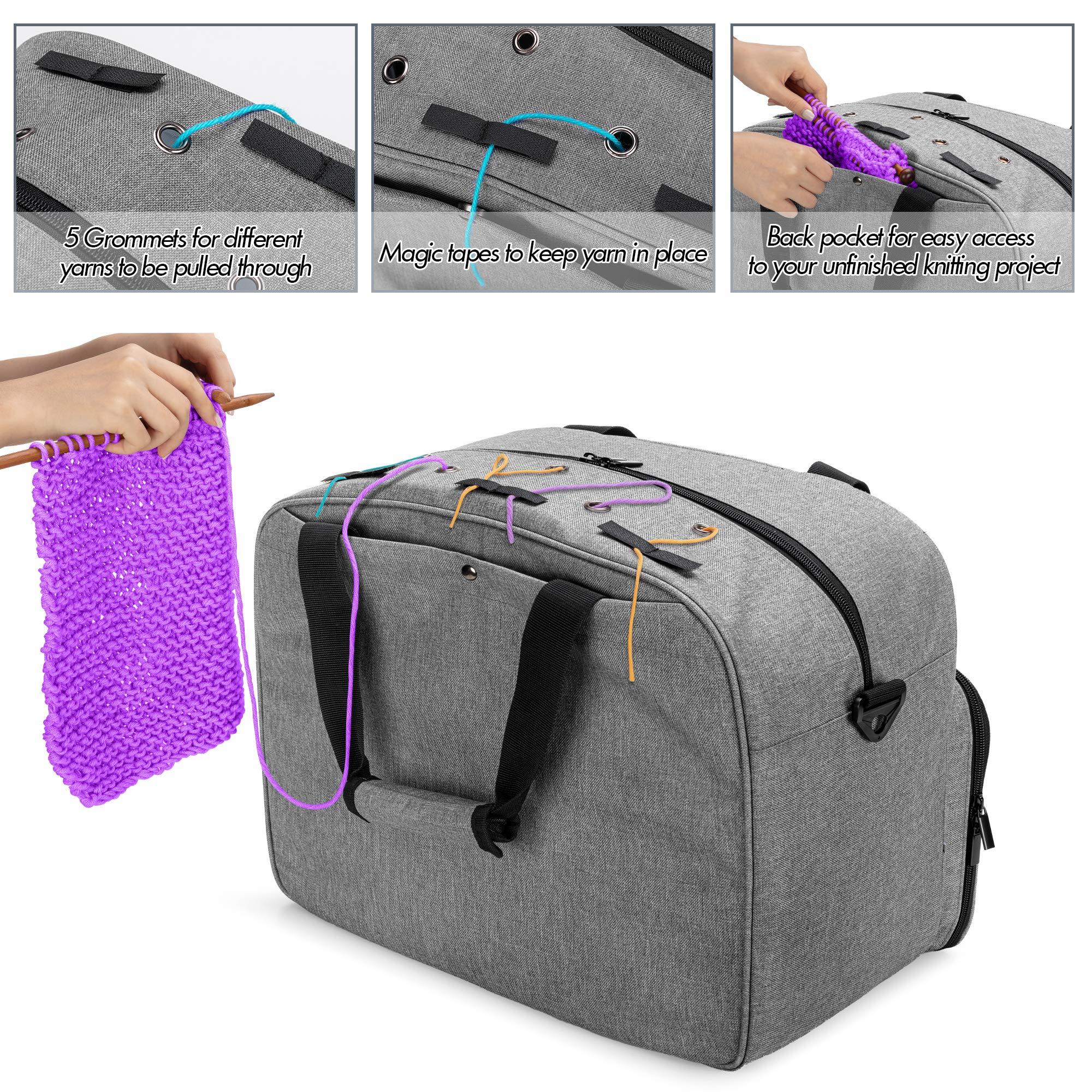 Teamoy Knitting Storage Bag, Portable Yarn Storage Tote Bag for Yarn, Unfinished Project, Knitting Needles (Up to 14"/35.5cm) or Other Knitting Accessories, Grey(Patent Pending) 3