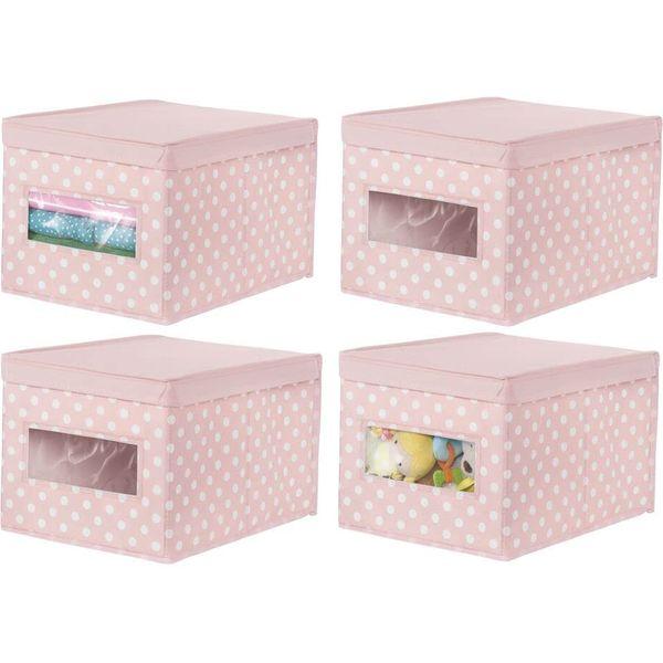 mDesign Set of 4 Stackable Storage Box - Fabric Wardrobe Organiser for Nursery and Child's Bedroom - Storage Cube with Hinged Lid and Viewing Window - Pink/White 0