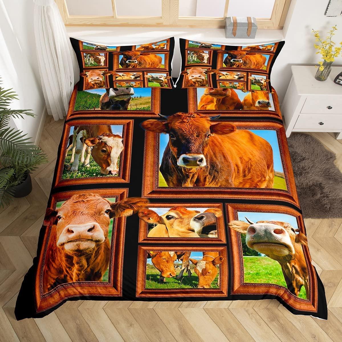 Loussiesd Cows Print Bedding Children Double Pasture The Cattle Bedding Set Nature Grass Farmhouse The Cattle Duvet Cover Set 100% Microfiber 3D Animals Beds With 2 Pillowcases For Teens