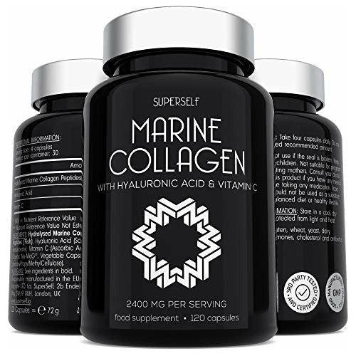 Marine Collagen Supplement 2400mg - 120 Capsules with Hyaluronic Acid and Vitamin C - Premium Type 1 Hydrolysed Collagen Tablets for Women and Men - High Strength Complex for Skin Bones Joints 0