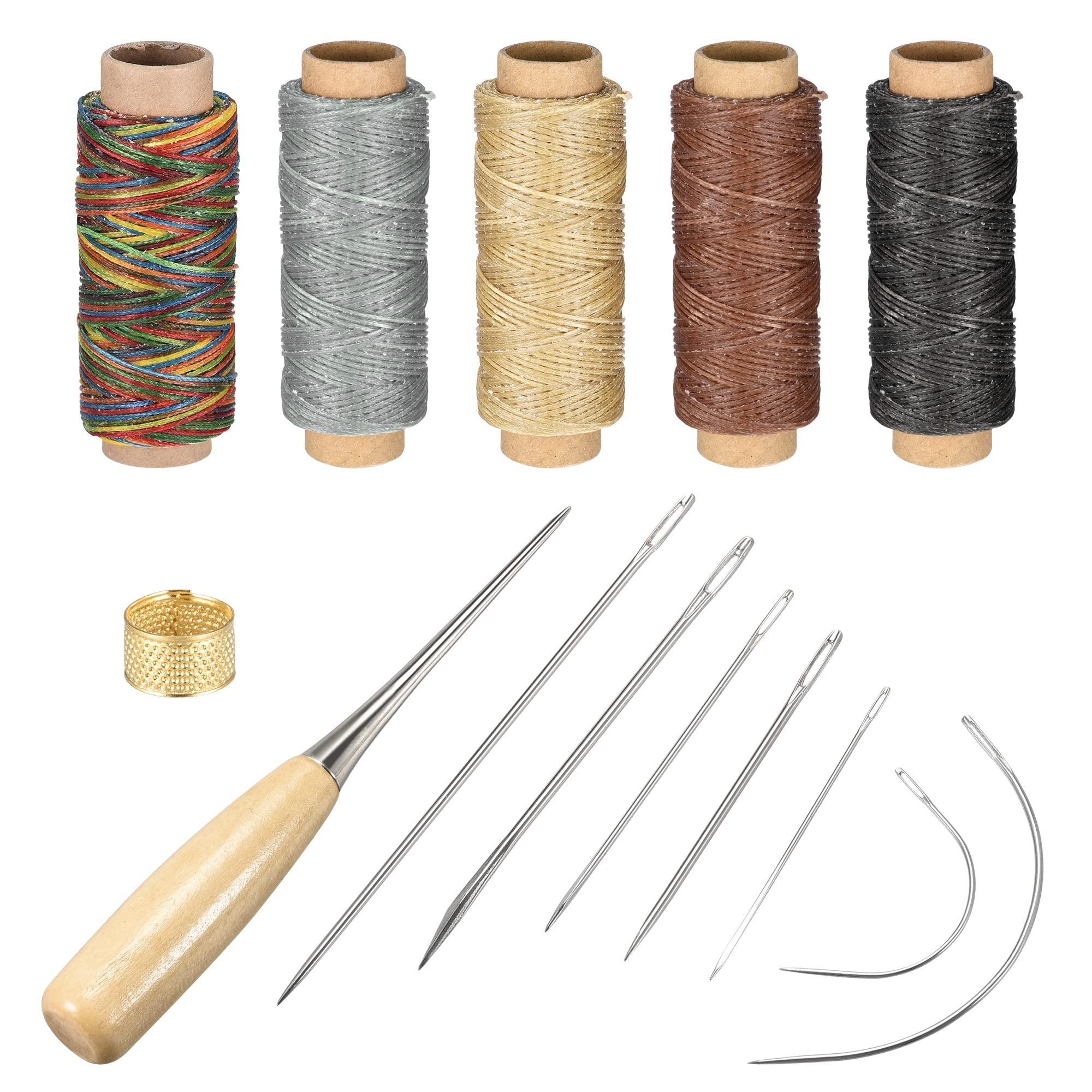 sourcing map Leather Sewing Threads Hand Stitching Tools Kit, Includes 5 Colors Waxed Flat Cord, Sewing Needles, Stitching Awl, Thimble.