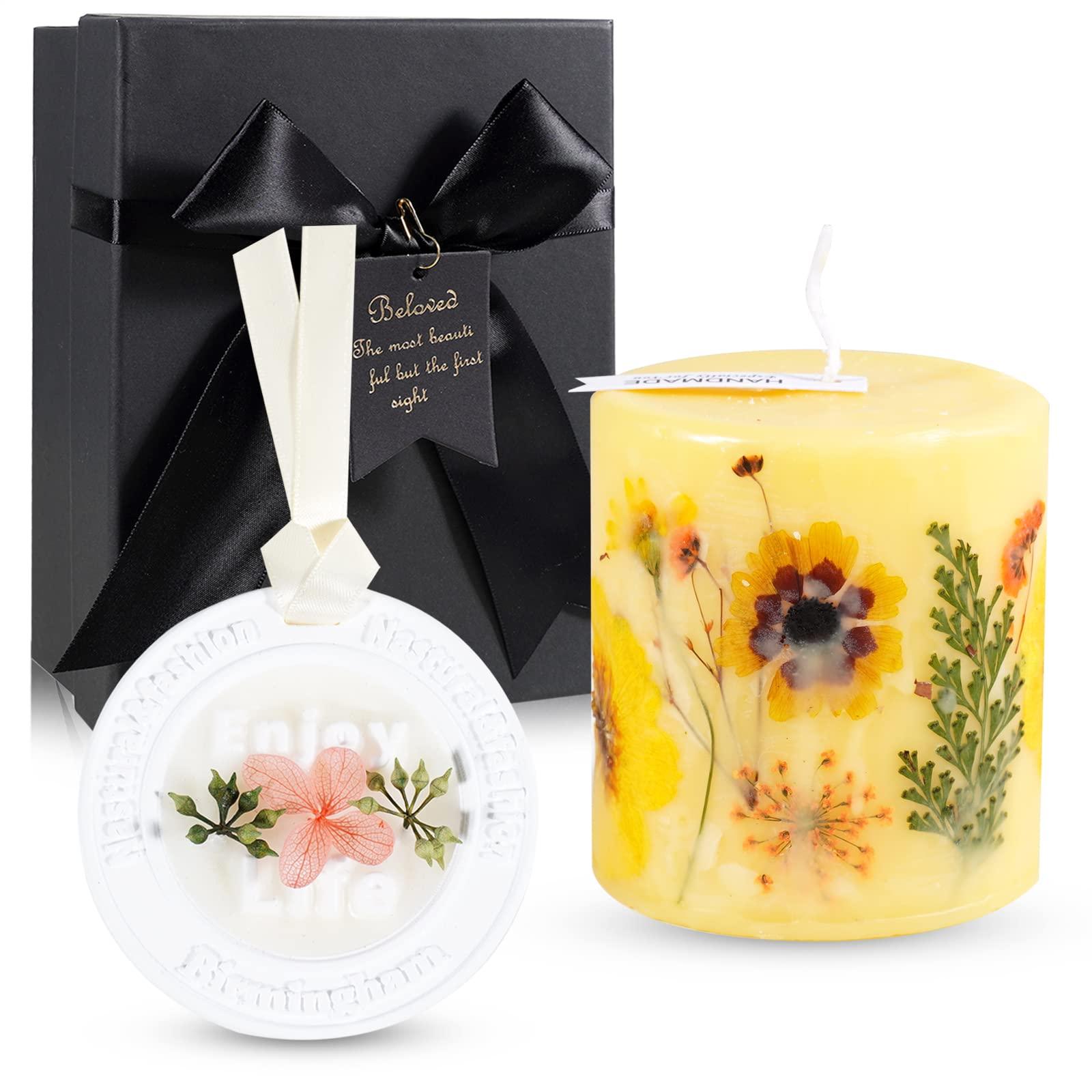 Soulnioi Aromatherapy Gift Set of Scented Candles Yellow Dry Flower Circular Column Shape Candle Aromatherapy Wax Tablet Oval Dry Flower Crystal Wax Wardrobe Hanging for Souvenir Birthday Women Gift 0