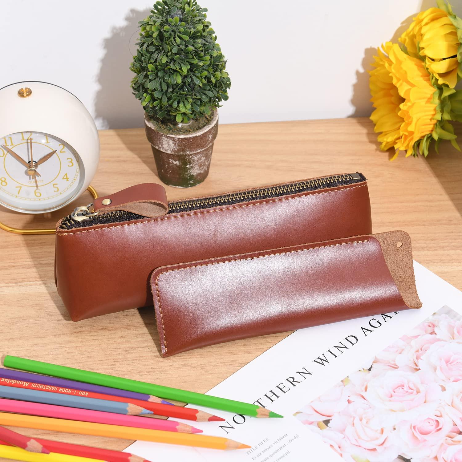 WONDERPOOL Leather 1pc Pencil Case & 1pc Fountain Pen Holder - Portable Compact Drawing Marker Pen Stationery Pouches for School Office Travel Organizer (Red Brown) 1