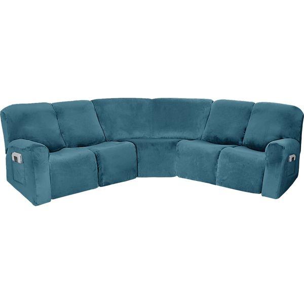 EURHOWING 7-Piece L Shape Sectional Recliner Sofa Covers 4 Seater & 1 Corner Seat,Velvet Stretch Reclining Couch Cover Slipcover for Reclining L Shape 5 Seat Recliner Corner Sofa(Peacock Blue,Velvet) 0
